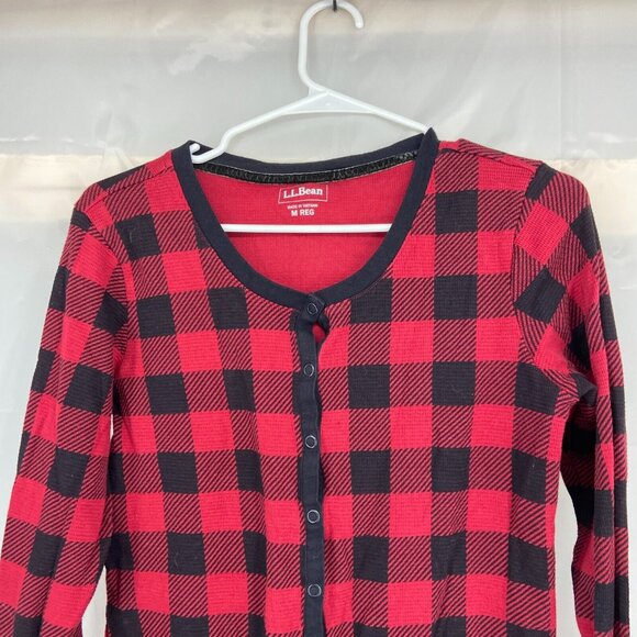LL Bean Women M Waffle One Piece Pajama Red Buffalo Plaid Longjohns Button Front - Picture 2 of 10